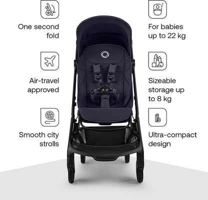 Bugaboo Carrinho de Bebê Butterfly 2 – Leve, Portátil e Tamanho de Bagagem de Mão – Kit com Barra de Proteção – Dobragem com uma Mão, Assento Reclinável, Cesto de Armazenamento e Alça de Transporte – Cor Deep Indigo