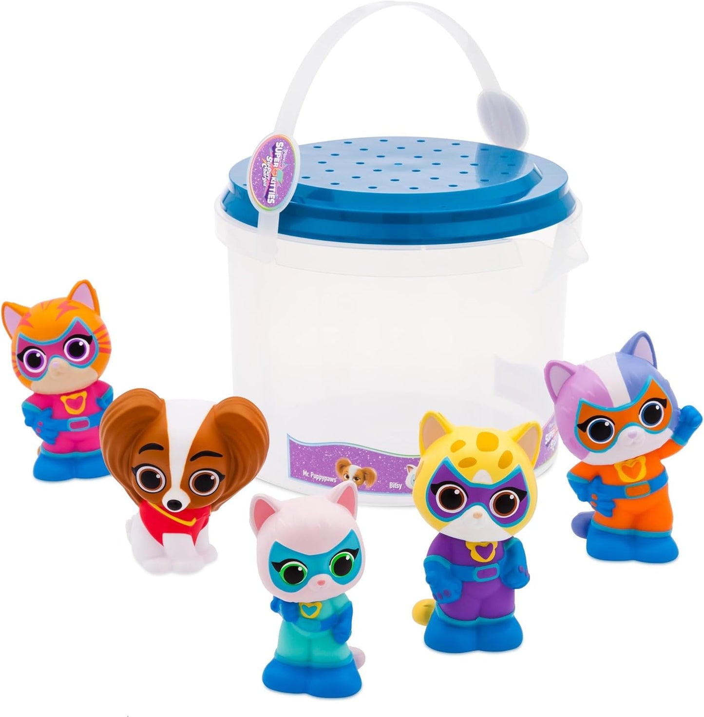 Disney Conjunto de brinquedos para banho SuperKitties da Store, oficial, 5 peças, incluindo Bitsy, Ginny, Sparks, Buddy e Mr. Puppypaws, balde com tampa escorredora, para banho, piscina infantil e brinquedo de jardim, a partir de 6 meses