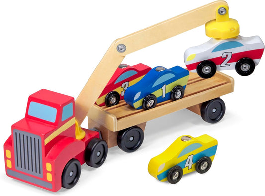 Melissa & Doug Caminhão de brinquedo transportador de carro de madeira carros magnéticos de madeira e guindaste de brinquedo de caminhão | Brinquedos de madeira para presentes de menino de 3 anos | Conjunto de carro de brinquedo