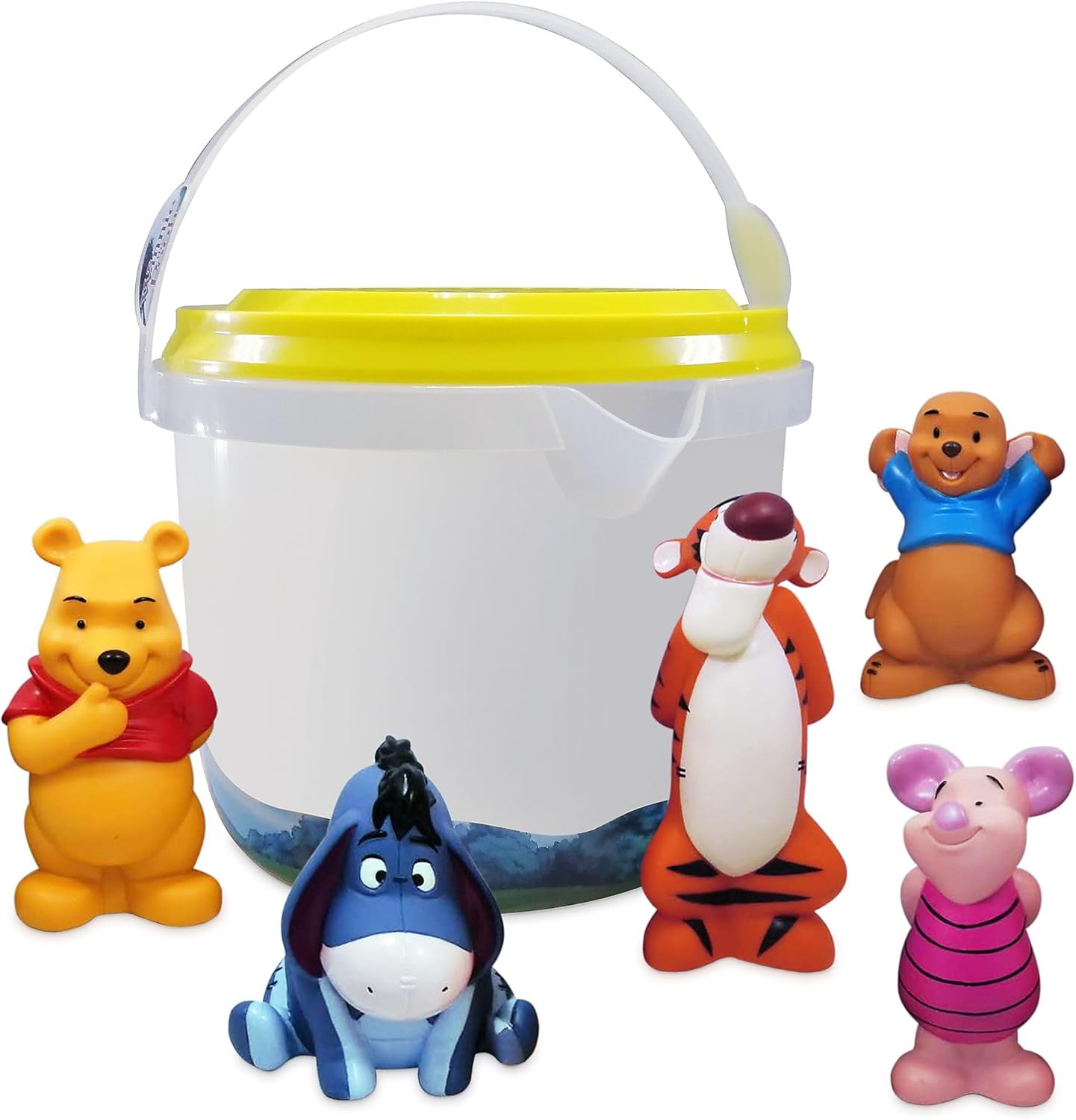 Disney Conjunto de Brinquedos de Banho Oficial da Store do Ursinho Pooh, 5 peças, inclui Ursinho Pooh, Bisonho, Leitão, Guru e Tigrão em um prático recipiente de plástico - Adequado para crianças a partir de 6 meses