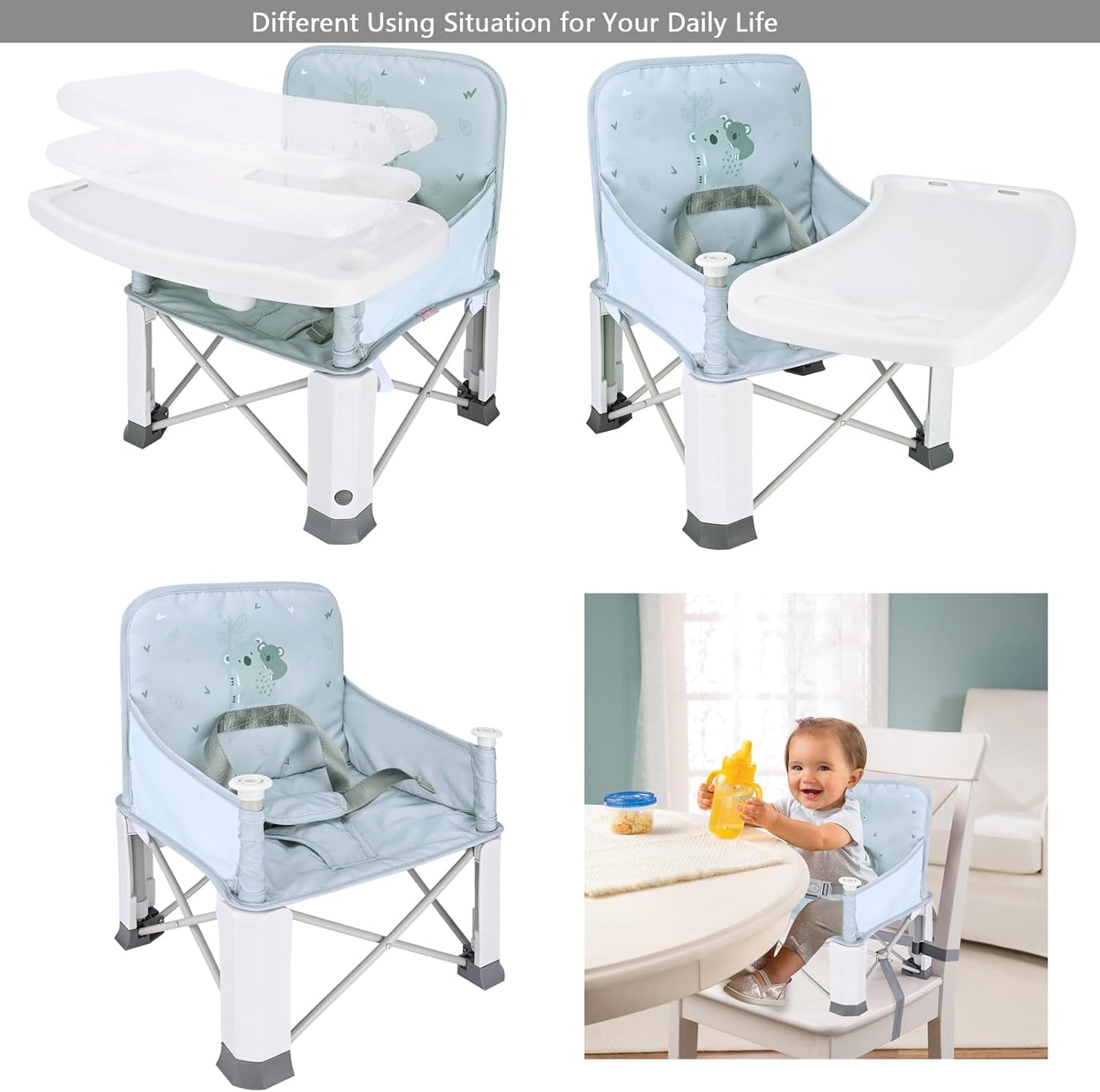 Bebamour Cadeira alta portátil dobrável para bebês , ideal para uso externo, com bandeja removível e bolsa de armazenamento. Cor: cinza.