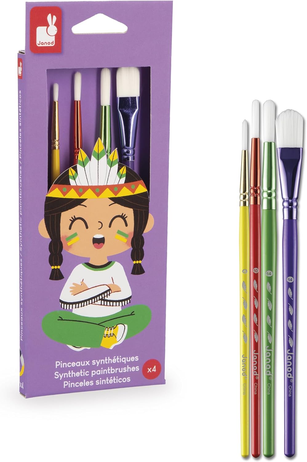 Janod - Pincéis - 4 tamanhos diferentes - Pincéis, Janod - Tintas para dedos para bebês a partir de 1 ano, Janod - Paleta de tinta à base de água - 12 almofadas e pincel, Janod - Avental de pintura infantil a partir de 18 meses