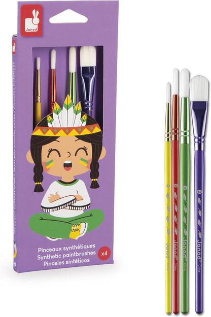 Janod - Pincéis - 4 tamanhos diferentes - Pincéis, Janod - Tintas para dedos para bebês a partir de 1 ano, Janod - Paleta de tinta à base de água - 12 almofadas e pincel, Janod - Avental de pintura infantil a partir de 18 meses