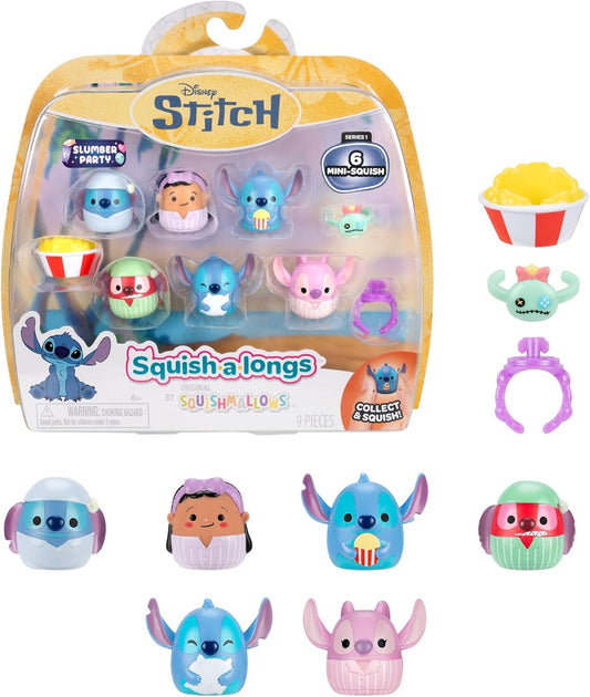 Squish-a-longs Pacote com 6 Mini-Squish + Acessório Disney Stitch  (Festa do Pijama) | Fique acordado a noite toda com a Experiência 626! Este multipack Squish-a-longs inclui 6 Mini-Squish do Disney Stitch.