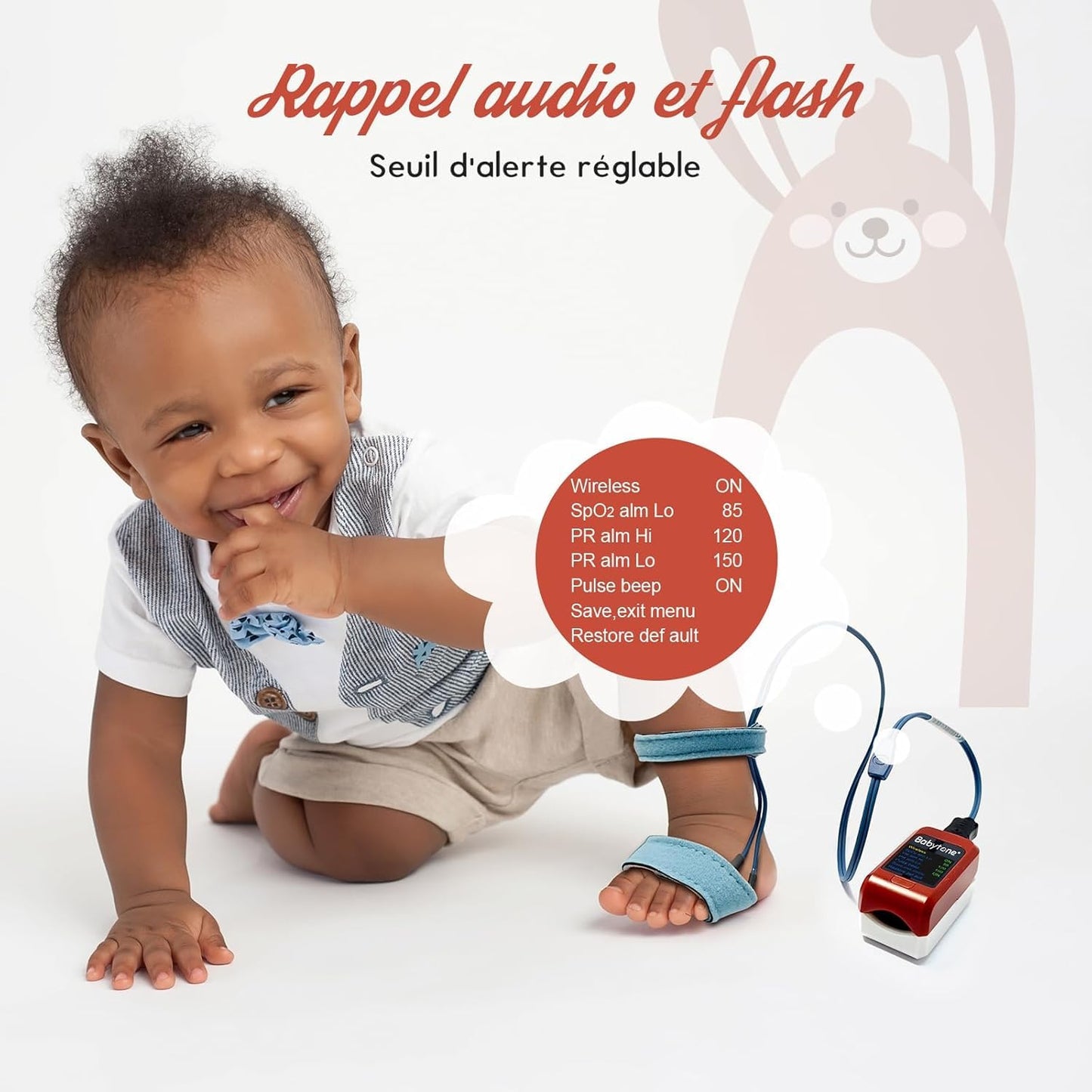 Monitor de oxigênio para bebês, oxímetro de pulso infantil com ponta do dedo que monitora SPO2 e frequência de pulso de adultos e crianças, monitor de O2 para os pés de crianças com lembrete de áudio, aplicativo gratuito e relatório para PC
