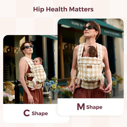 Momcozy Canguru em algodão e linho natural, resistente, design ergonômico, leve e confortável, mãos livres para mamães e papais, estampa xadrez marrom.