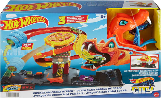Hot Wheels Let's Race Netflix - City Toy Car Track Set, Pizza Slam Cobra Attack, Snake Tail Spiral Track com Randomizer, 1 veículo em escala 1:64, HTN81