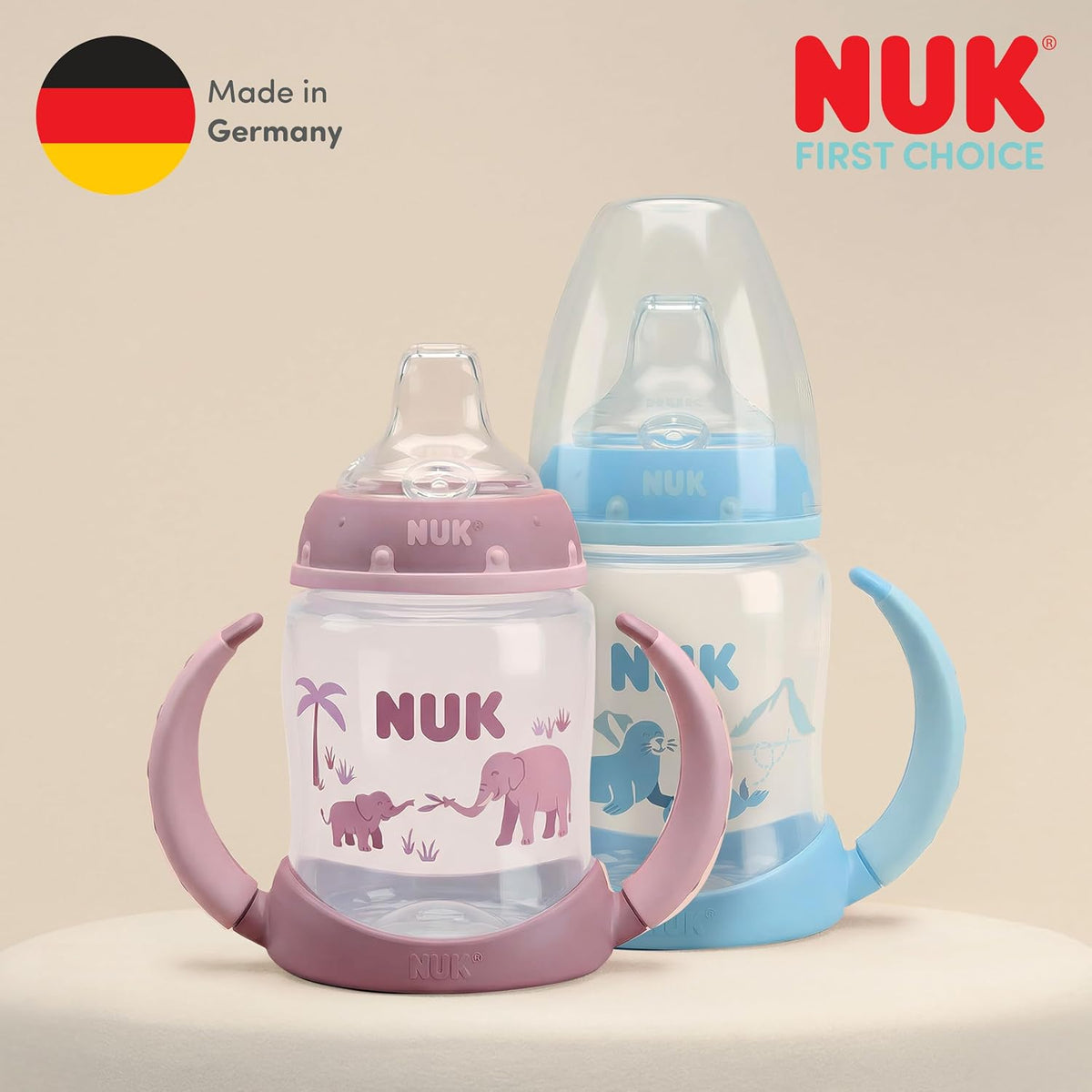 NUK Copo de Treinamento First Choice | 6+ meses | 260 ml | Copo antivazamento para crianças pequenas | Alças antiderrapantes | Elefante Rosa | 1 unidade