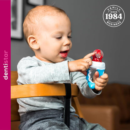 dentistar Comedouro de silicone para frutas e vegetais para bebês - a partir de 6 meses - pacote de 2 - conjunto de 5 peças (tampa protetora, tetina de silicone, rede, anel de parafuso, alça) - sem BPA - azul