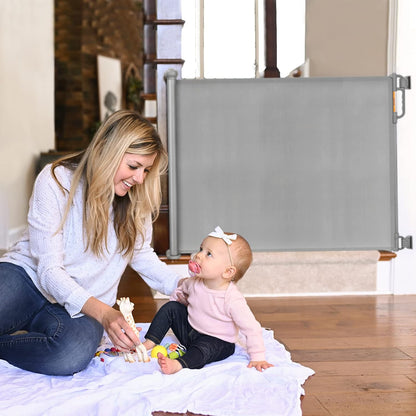 Momcozy Portão de escada retrátil para bebê, estende-se até 140 cm de largura, 83 cm de altura, portão de segurança extra largo para bebês, portão de bebê de operação silenciosa com uma mão para escadas/corredores/interno/externo, cinza