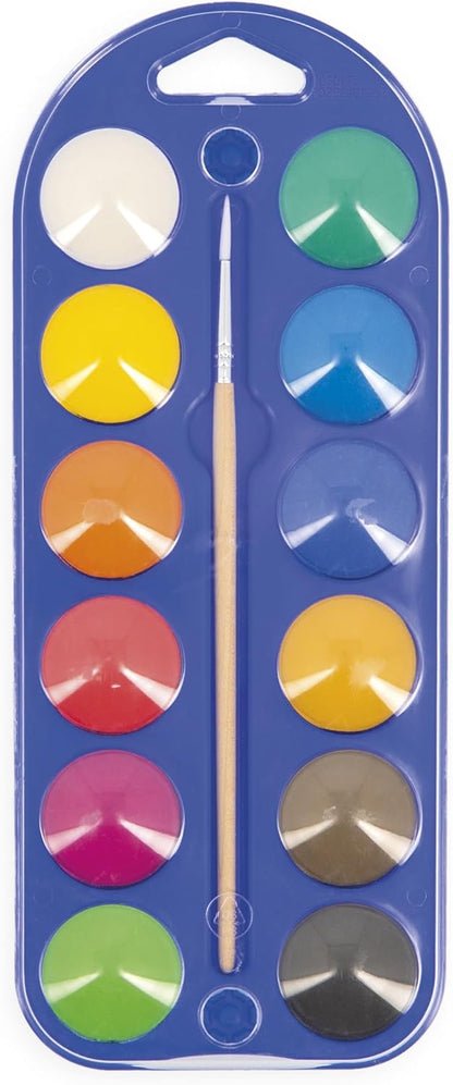 Janod - Pincéis - 4 tamanhos diferentes - Pincéis, Janod - Tintas para dedos para bebês a partir de 1 ano, Janod - Paleta de tinta à base de água - 12 almofadas e pincel, Janod - Avental de pintura infantil a partir de 18 meses