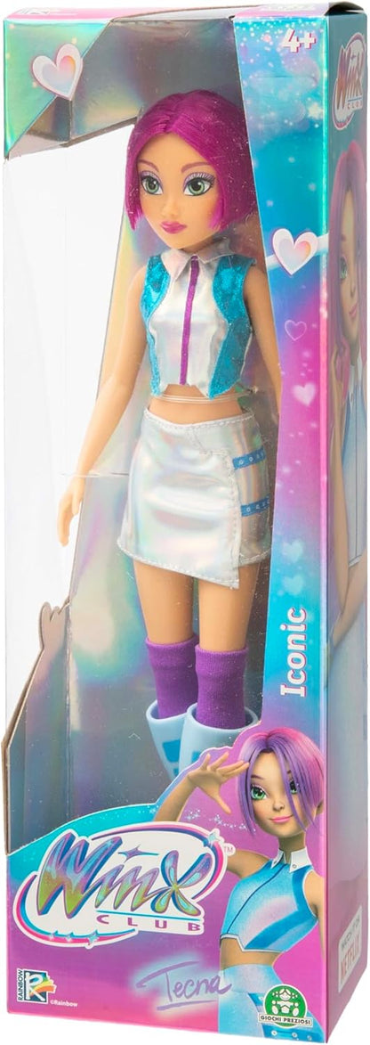 Winx Iconic Boneca – Tecna com Roupa Característica e Articulações – Boneca Fashion Clássica de 27cm com Cabelo Roxo e Saia Prateada – Brinquedo Oficial do Clube Winx para Meninas – Brincadeira Mágica de Aventura – A partir de 4 Anos