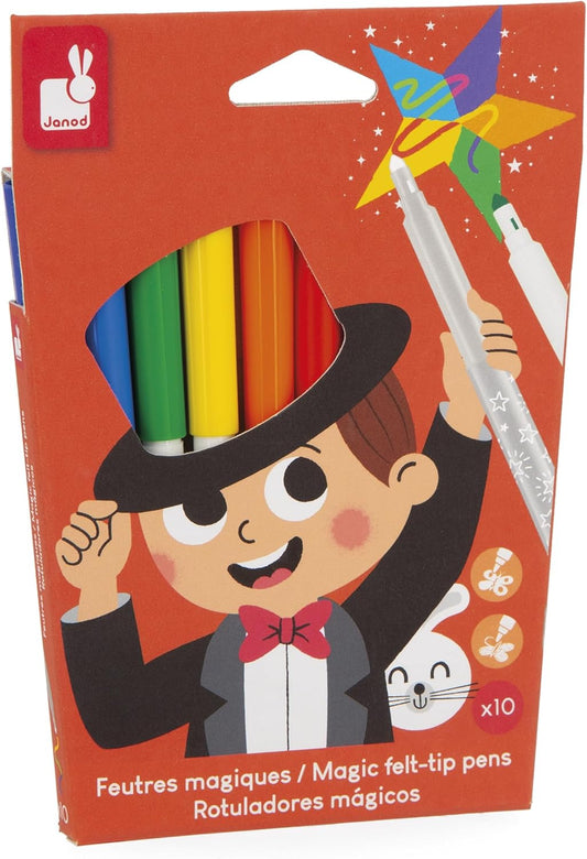 Janod - Conjunto de colorir mágico para crianças com tinta que muda de cor - 8 canetas + 2 canetas mágicas - Conjunto de 10 canetas com tinta lavável - Colorir para crianças - A partir de 3 anos - J07413