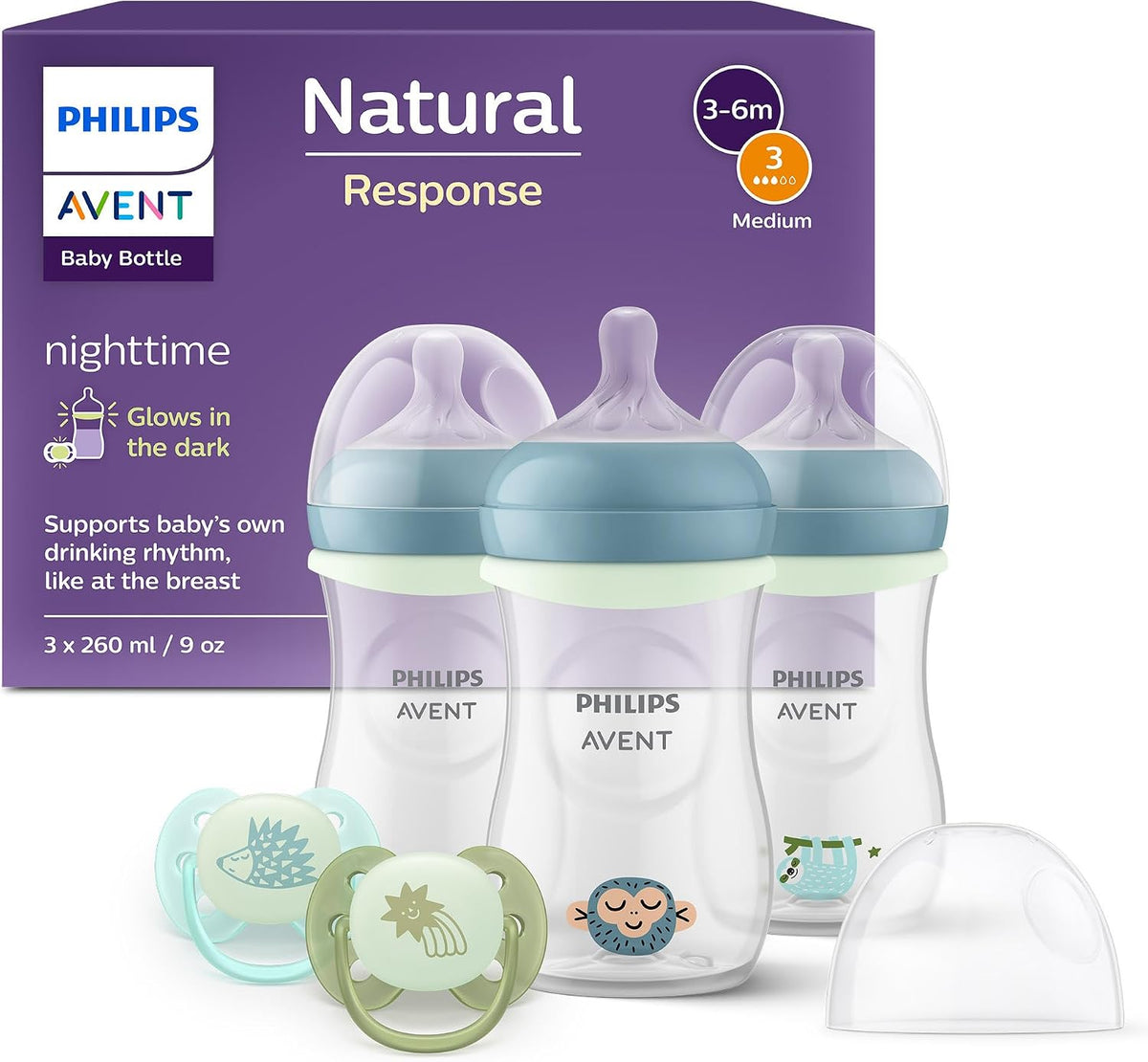 Philips Kit Noturno Avent Natural Response – 3 mamadeiras de 260 ml com bico de fluxo médio (fluxo 3), anel que brilha no escuro, 2 chupetas noturnas ultramacias, estampas de bichinhos, SCD838/20