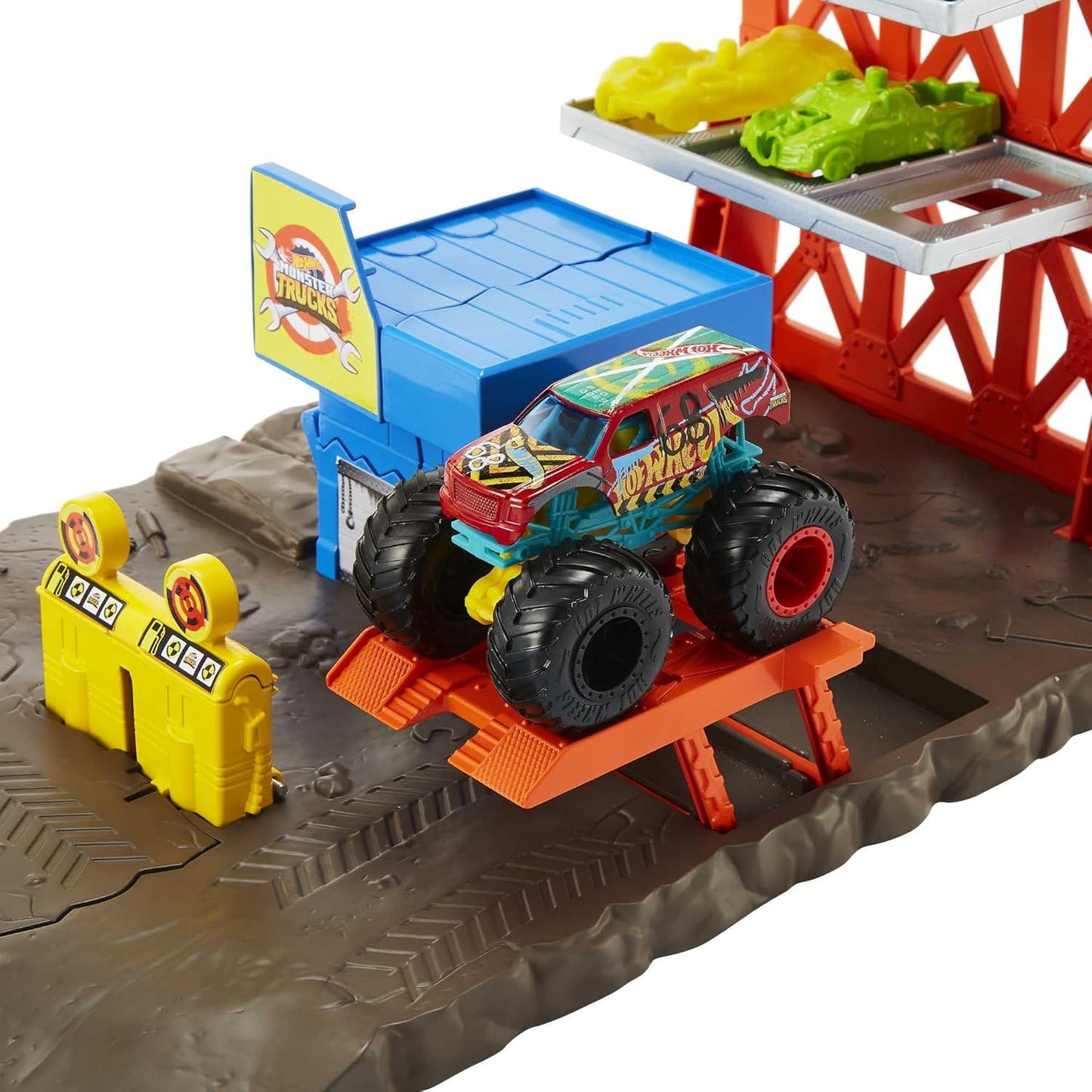 Hot Wheels Brinquedos Monster Trucks, Conjunto Blast Station com 1 HW Demo Derby em escala 1:64 e 3 carrinhos desmontáveis para brincadeira completa, presente para crianças.