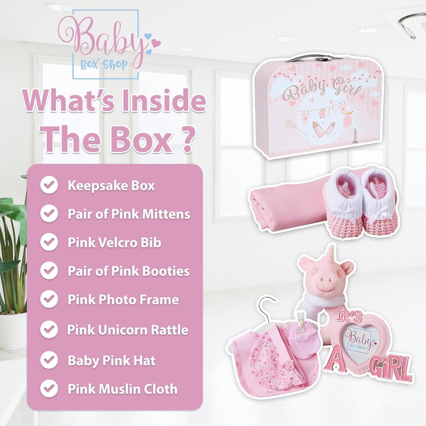 Baby Box Shop - Conjunto de presente para recém-nascidos - Cesta premium com chocalho para cachorro, porta-retratos, tecido de musselina, chá de bebê para recém-nascidos
