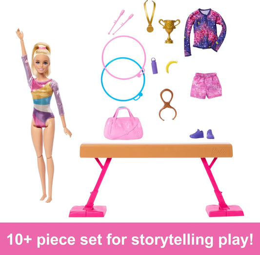 Muñeca Barbie de gimnasia y accesorios, juego de juguetes con muñeca rubia de moda, clip en C para acción giratoria, barra de equilibrio, traje de calentamiento y más