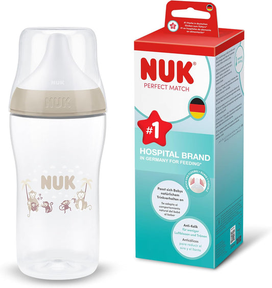 NUK Mamadeira Perfect Match | 3+ meses | 260 ml | Mamadeira Anticólica | Polipropileno (PP) | Indicador de Controle de Temperatura | Macaco | 1 unidade