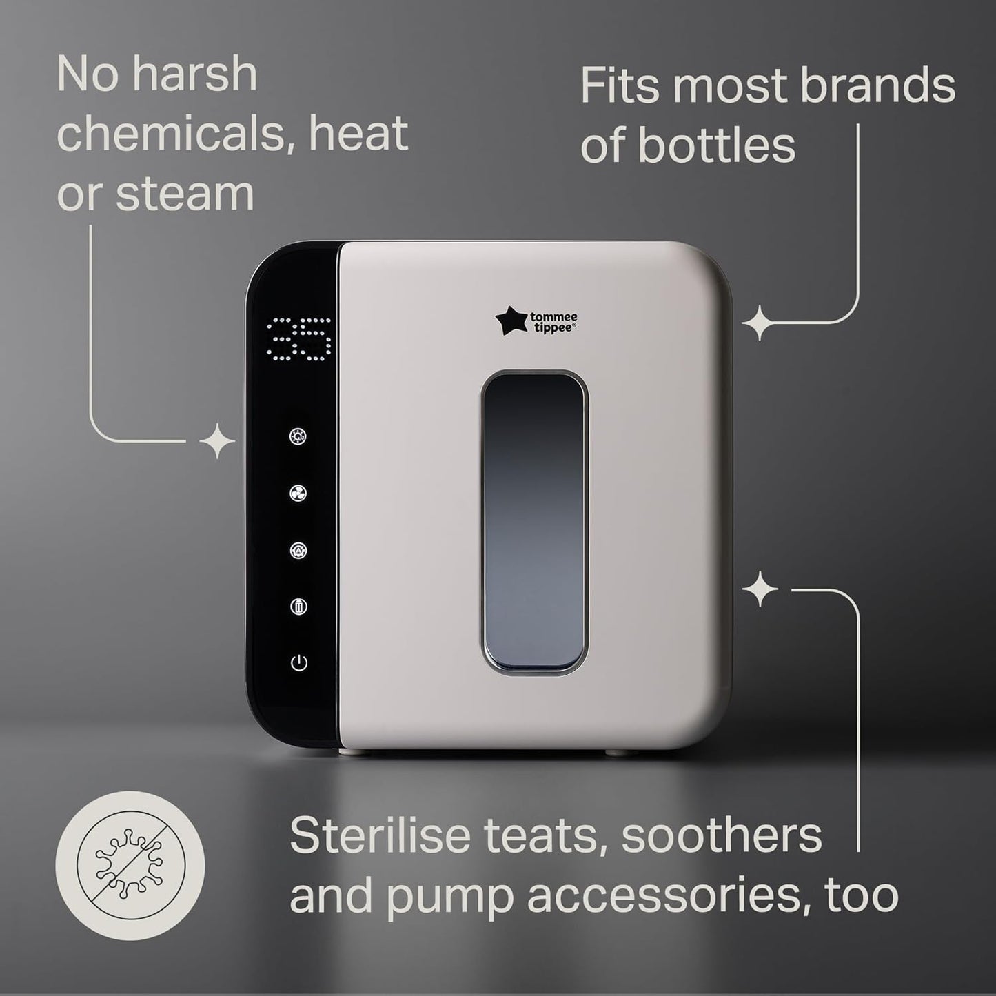 Tommee Tippee Esterilizador, secador e armazenador UV Ultra da, preto, para mamadeiras e acessórios de bebê, sem vapor para matar vírus^ e 99,9% das bactérias nocivas.