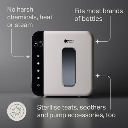 Tommee Tippee Esterilizador, secador e armazenador UV Ultra da, preto, para mamadeiras e acessórios de bebê, sem vapor para matar vírus^ e 99,9% das bactérias nocivas.