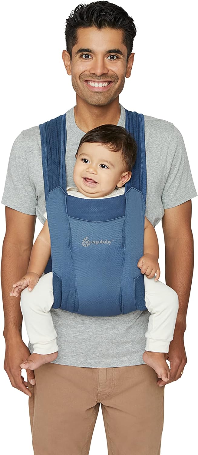 Ergobaby Hug Portabebés ergonómico Soft Air Mesh para recién nacidos desde el nacimiento, portabebés ergonómico de 2 posiciones, azul