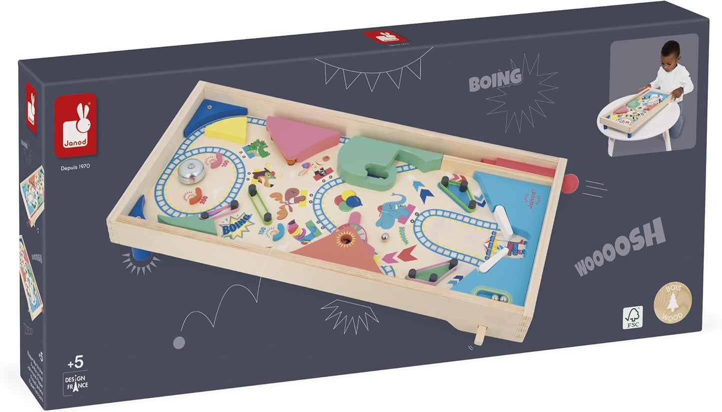 Janod - Máquina de Pinball de Madeira para Montar - Decoração de Parque de Diversões - Jogo de Ação e Reflexos para Crianças Montarem - Estratégia de Aprendizagem e Concentração - Madeira Certificada FSC - A partir de 5 anos