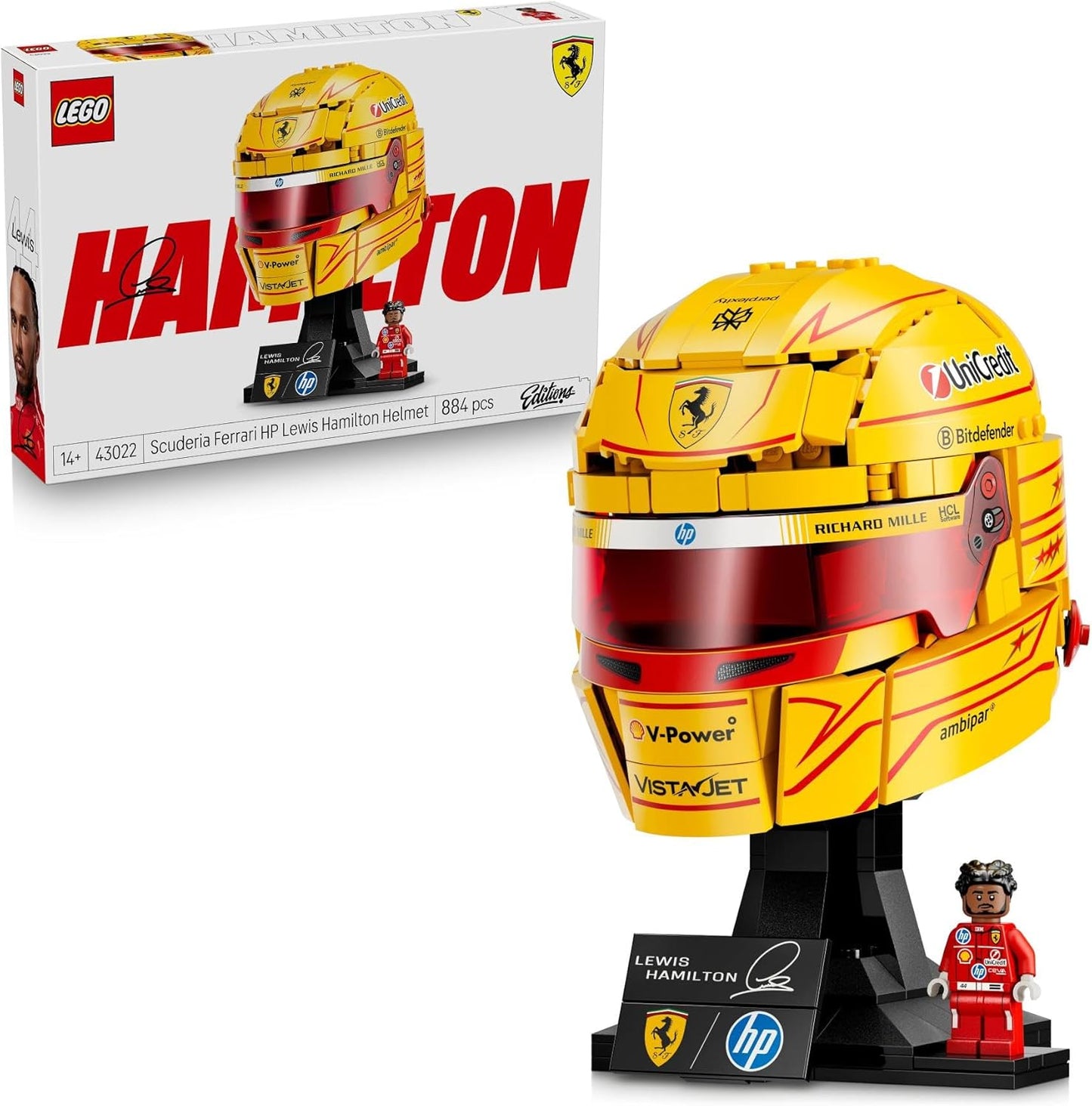LEGO Capacete Editions Scuderia Ferrari HP Lewis Hamilton - Produto Oficial de F1 - Kit de Modelo para Exibição com Minifigura Colecionável - Presente para Meninos a partir de 14 Anos e Fãs Adultos de Automobilismo