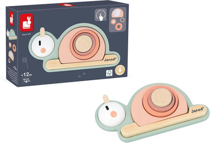Janod Caracol sensorial empilhável Sweet Cocoon, 6 peças empilháveis de madeira FSC, 4 blocos sensoriais, jogo de aprendizagem precoce, 12 meses +, verde/rosa