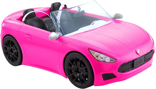 Barbie Vehículo Convertible de 2 Plazas, Coche Rosa con Ruedas Giratorias y Detalles Realistas y Muñeca y Accesorios, Set de Viaje “Malibu”