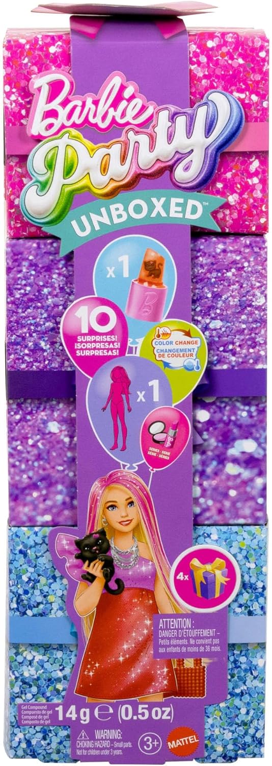 Barbie Festa sem Caixa: Boneca e Acessórios, Série Festa Glamour com 10 Surpresas, Incluindo Boneca Vermelha Brilhante que Muda de Cor, JFY68