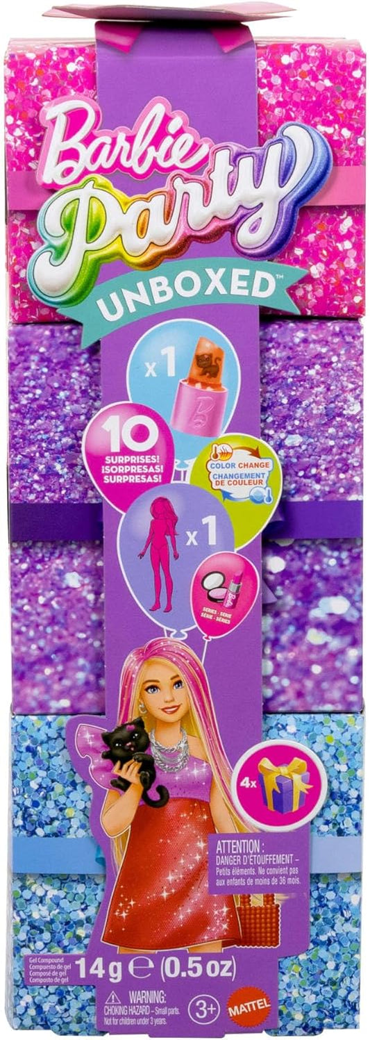 Barbie Festa sem Caixa: Boneca e Acessórios, Série Festa Glamour com 10 Surpresas, Incluindo Boneca Vermelha Brilhante que Muda de Cor, JFY68