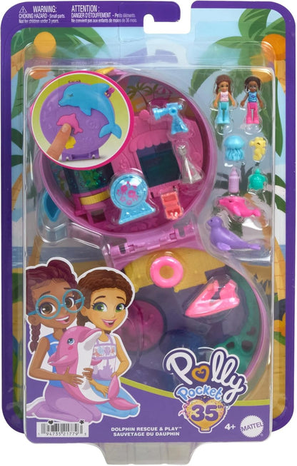 Polly Pocket Dolls and Playset, Dolphin Rescue & Play Compact, Animal Toy with 2 Micro Dolls, Sea Pets, Ocean Accessories