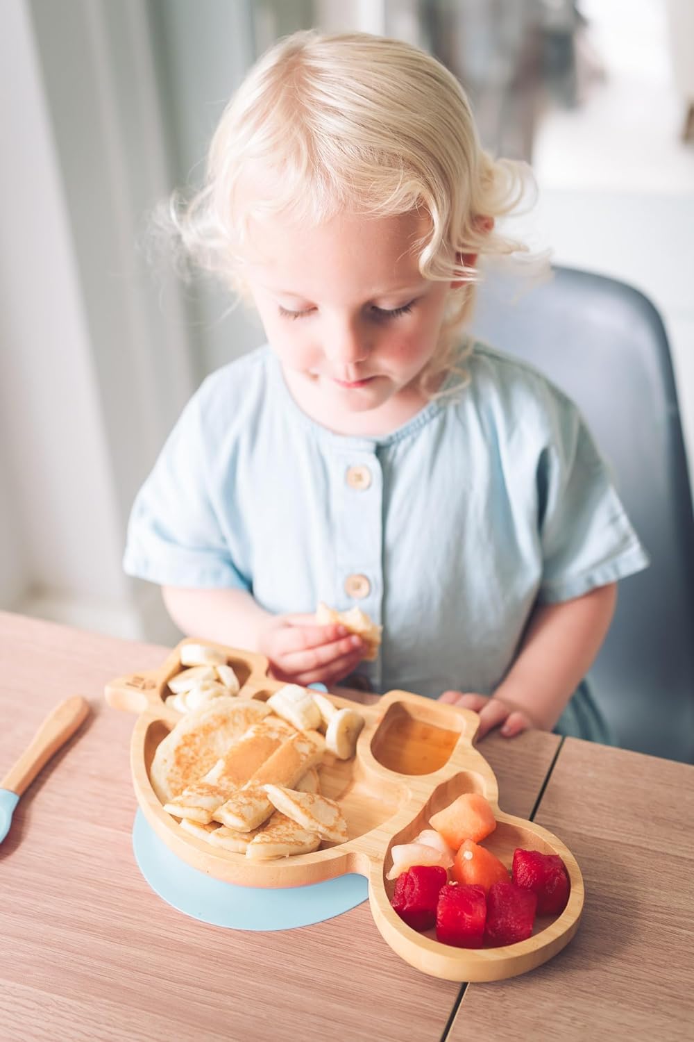 Juego de cuchara y plato de succión de bambú Moon and Moo Turtle para niños, niños pequeños y destete del bebé - No tóxico - Sin plástico - Permanece en su lugar - Plato de succión para bebé - Juego de destete para bebé (gris)