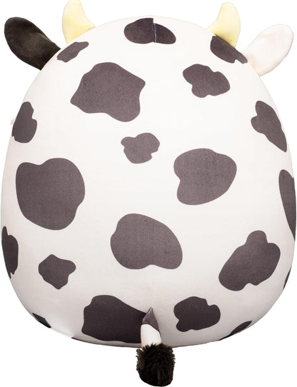 Squishmallows Original de 12 Polegadas – Colin, a Vaca Malhada, Segurando Placa de Aniversário – Pelúcia Oficial Jazwares (Tamanho Médio)