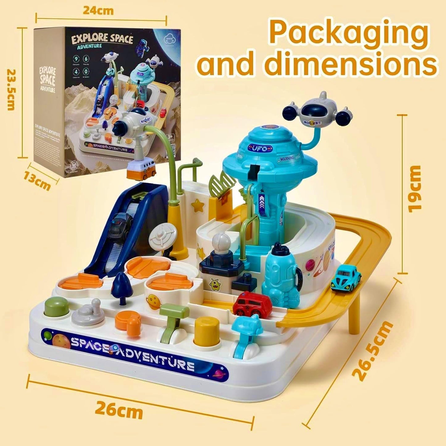 Pista de Corrida Infantil de Brinquedo para Meninos de 3 a 8 Anos, Brinquedo de Aventura com Carros, Conjunto de Resgate na Cidade Espacial com 4 Mini Carros, Brinquedo Educativo para Crianças em Idade Pré-Escolar.