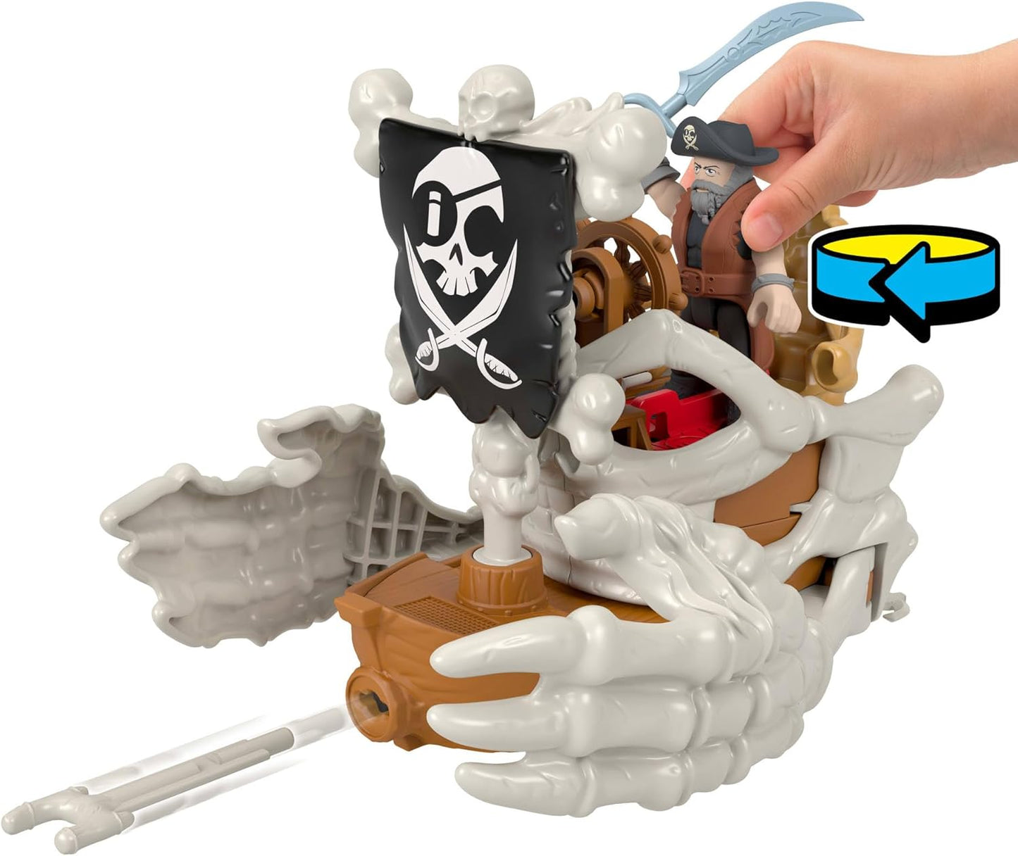Fisher-Price Conjunto de brinquedo Imaginext Billy Bones Pirata com 3 figuras de ação, barco de brinquedo com mãos de esqueleto e lançador, 7 acessórios, JLC51