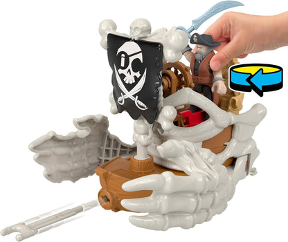 Fisher-Price Conjunto de brinquedo Imaginext Billy Bones Pirata com 3 figuras de ação, barco de brinquedo com mãos de esqueleto e lançador, 7 acessórios, JLC51