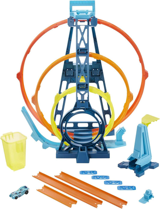 Fisher-Price Hot Wheels Track Builder Kit ilimitado de loop triplo Conjunto de presente dobrável de 3 loops para crianças de 6 a 12 anos e um veículo Hot Wheels em escala 1:64 com pontos de conexão, GYP65