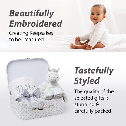 Presentes personalizados para bebês - Cesta para recém-nascidos em caixa de lembranças branca, inclui edredom de zebra para bebês, caixa de bebê, conjunto de presentes para recém-nascidos - 3 itens essenciais para bebês