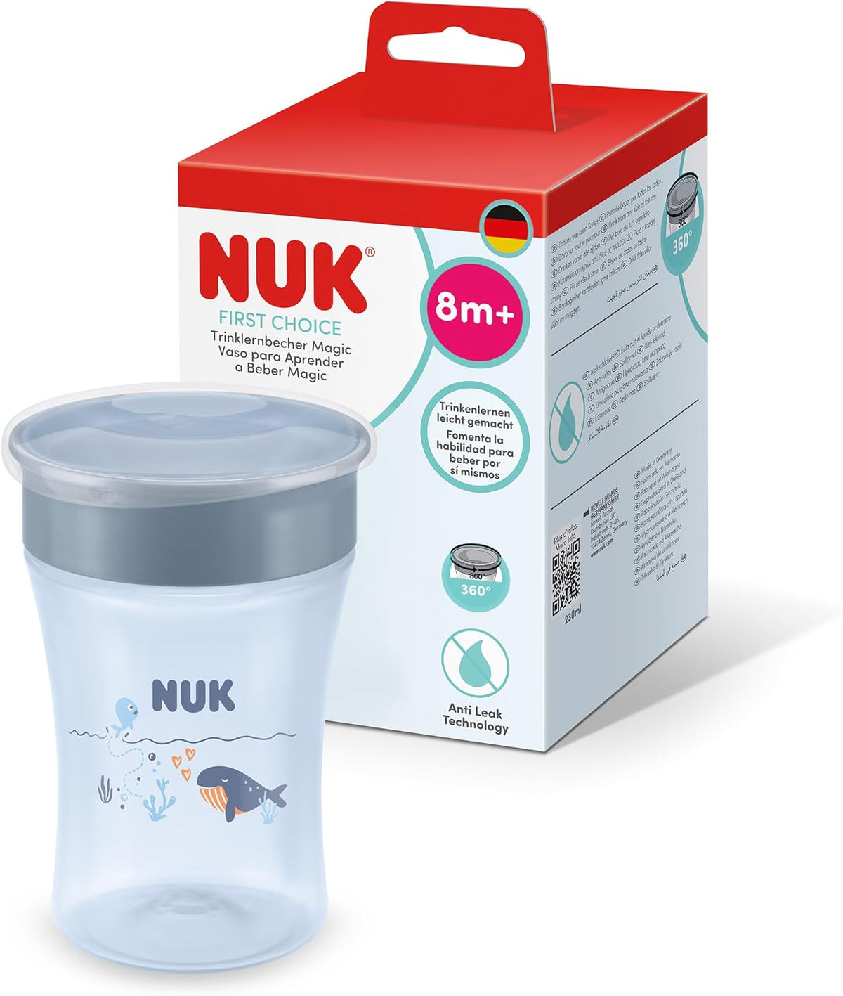 NUK Copo de Treinamento Magic Cup | 8+ meses | 230 ml | Borda 360° antivazamento | Copo para crianças pequenas | Baleia Azul | 1 unidade