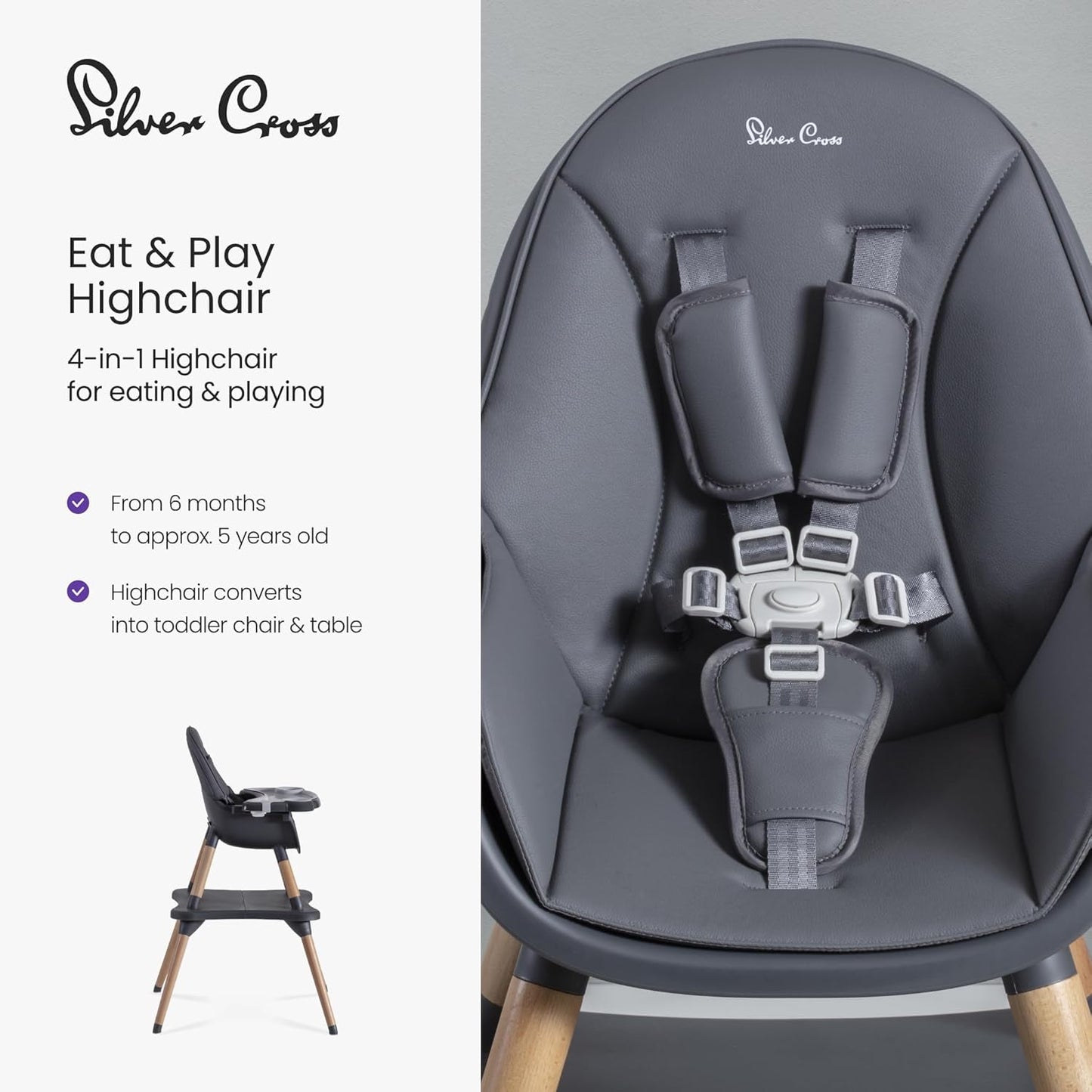 Silver Cross - Cadeira Alta Eat&Play 4 em 1 - Cadeira conversível para bebê - Cadeira alta, assento elevatório, cadeira infantil e mesa, tudo em um, de 1 a 6 meses até 5 anos - Grafite