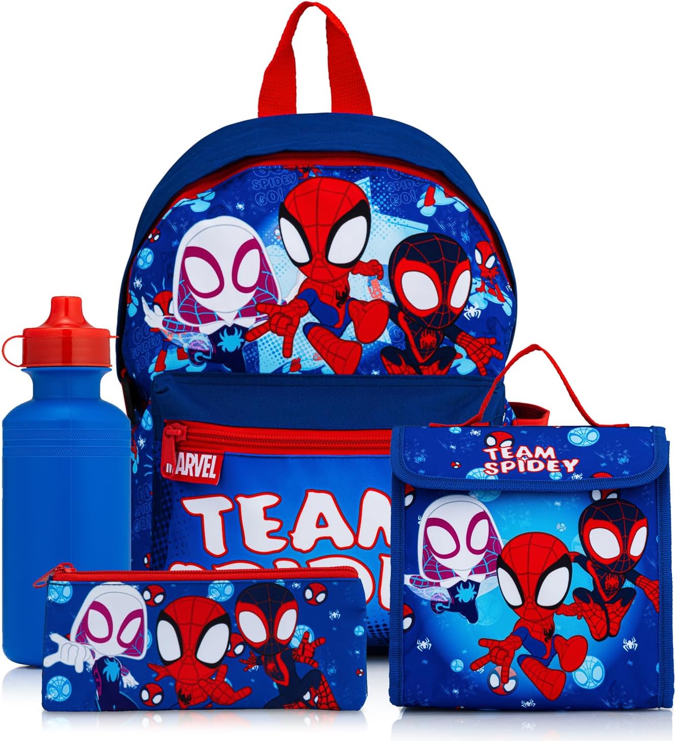 Conjunto Escolar Marvel Homem-Aranha e Seus Incríveis Amigos com Mochila (4 peças) | Inclui Mochila, Lancheira, Garrafa de Água e Estojo | Itens Essenciais para a Volta às Aulas | Bolso Canguru e Bolso Lateral em Tela
