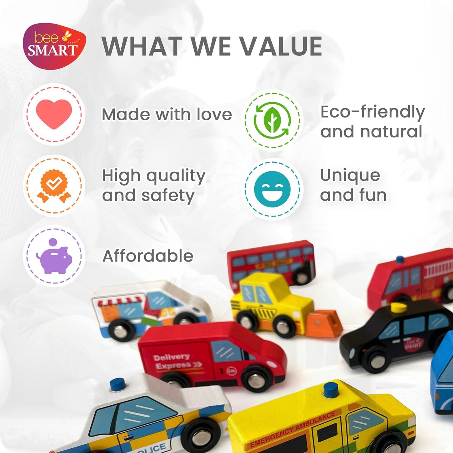 Bee Smart Carros de brinquedo de madeira - conjunto de 9 | Inclui veículo policial infantil, ônibus de Londres, táxi preto, ambulância, carro de bombeiros em caixa de madeira | Presentes de aniversário coloridos