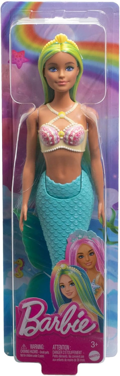 Barbie Bonecas de sereia com cabelo de fantasia e acessórios de faixa de cabeça, brinquedos de sereia com corpete inspirado em conchas e caudas coloridas, HR03