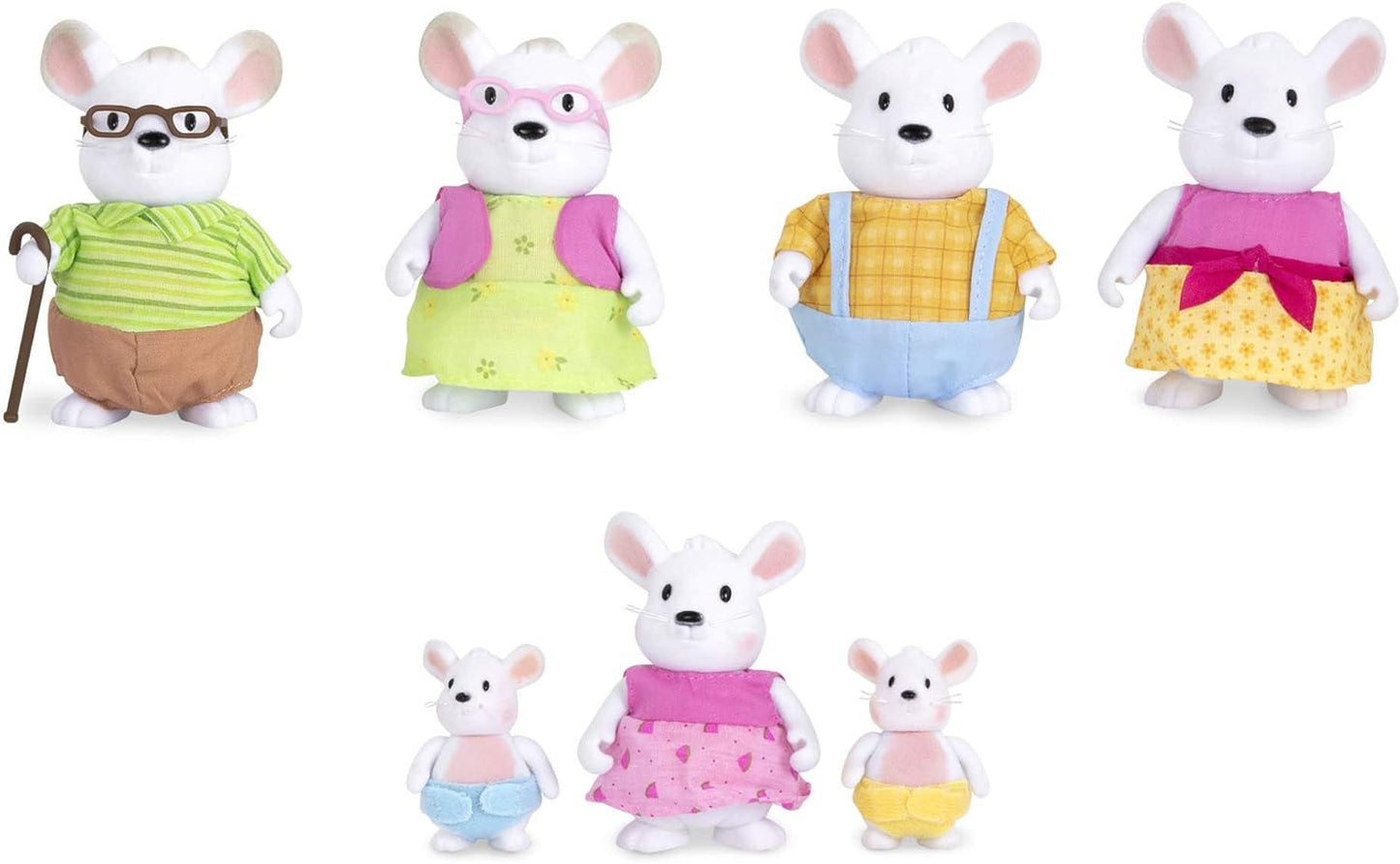 Li'l Woodzeez WZ6710Z Li'l Woodzeez - Familia de ratones Nibblekin con abuelos - Juego de 7 piezas con figuras en miniatura - Juguetes y accesorios de animales para niños a partir de 3 años