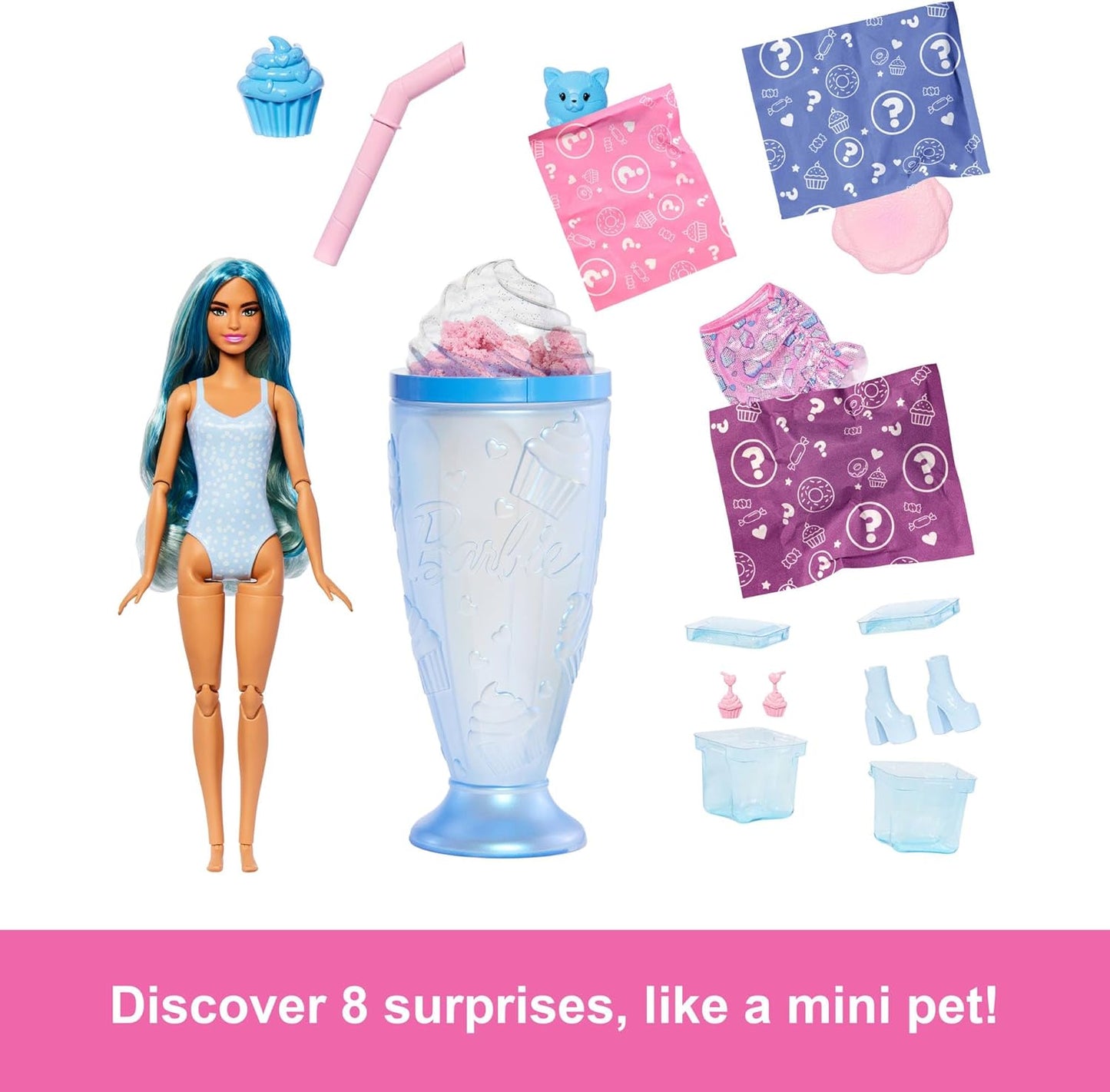 Barbie Pop Reveal Series - Boneca Fashion e Acessórios, Série Delícias, Tema Cupcake com Bichinho de Estimação, 8 Surpresas Incluindo Mudança de Cor, JFY61