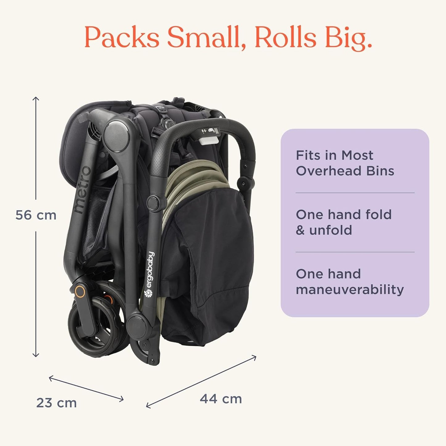 Ergobaby Carrinho de Bebê Metro3 com Função de Reclinação, Ideal para Bebês de 0 a 4 Anos (do Nascimento até 22kg), Dobrável e Compatível com Bebê Conforto, Alça Ajustável em Altura, Assento Ergonômico, Cinza Grafite