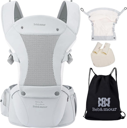 Bebear Canguru para Bebê, do Recém-Nascido à Criança, Bebamour Canguru com Assento de Quadril, Capuz para a Cabeça, 3 Protetores de Mordedor, Extensor de Cintura, Algodão, Cinza
