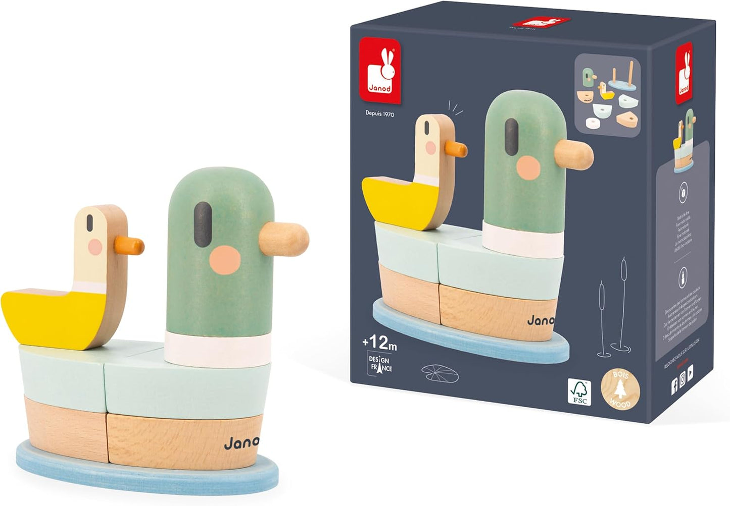 Janod - Pato empilhável Sweet Cocoon - 7 peças empilháveis de madeira FSC - Jogo de aprendizagem precoce - Desenvolve habilidades motoras finas - 12 meses +,