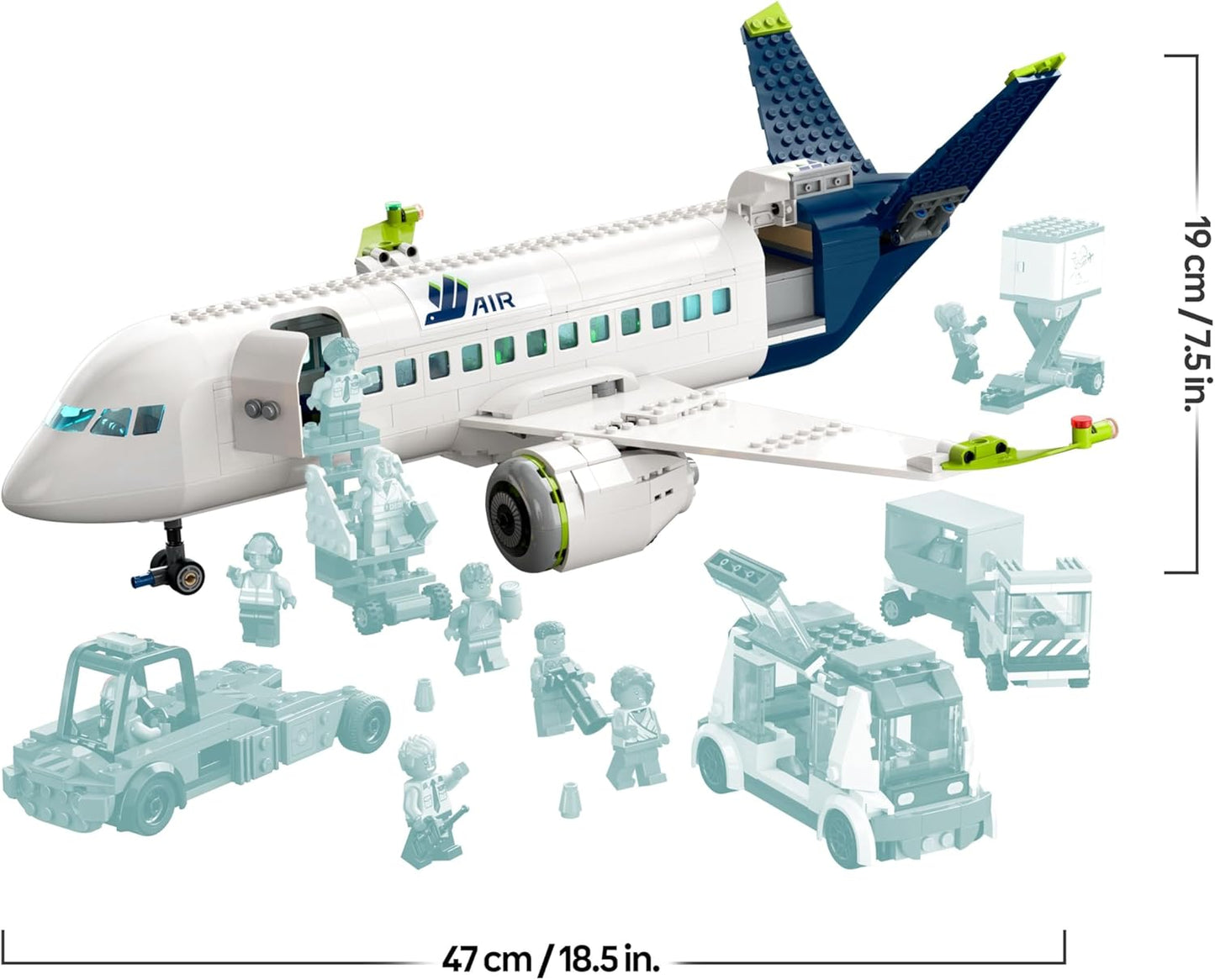 LEGO Conjunto de construção City Avião de Passageiros, modelo de avião grande com veículos da equipe de solo do aeroporto: ônibus de pátio, trator de reboque, carregador de catering, caminhão de bagagem e 9 minifiguras 60367